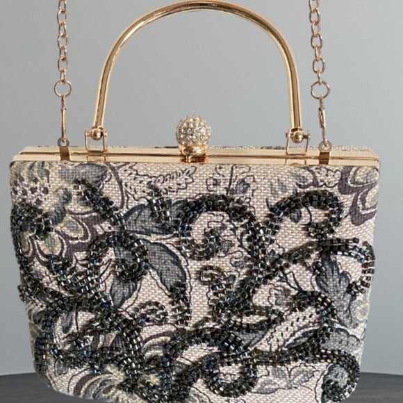 Beaded Floral Neutral Structured Formal Handbag - Picture 5 of 12